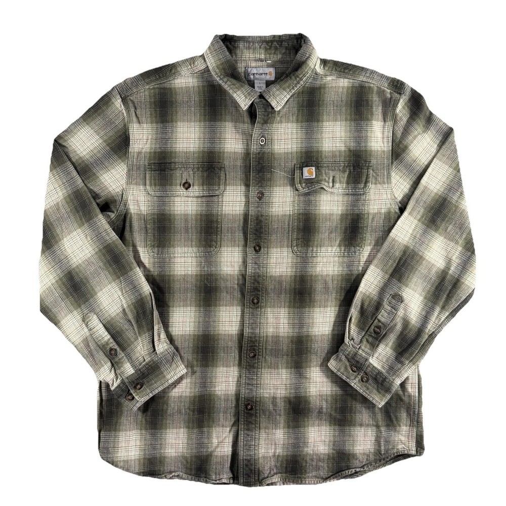 Carhartt Shirt Mens Large Green Long Sleeve Plaid Flannel Button Up Workwear
